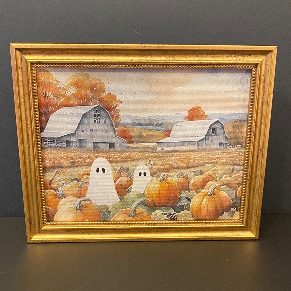Framed Ghost in Pumpkin Patch Halloween Picture 10x8in.
